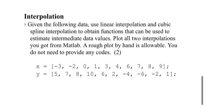 MATLAB Interpolation 7. Given the following data, use linear interpolation and cubic