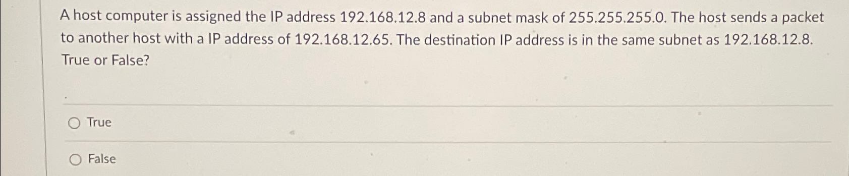  A host computer is assigned the IP address 192.168.12.8 and a