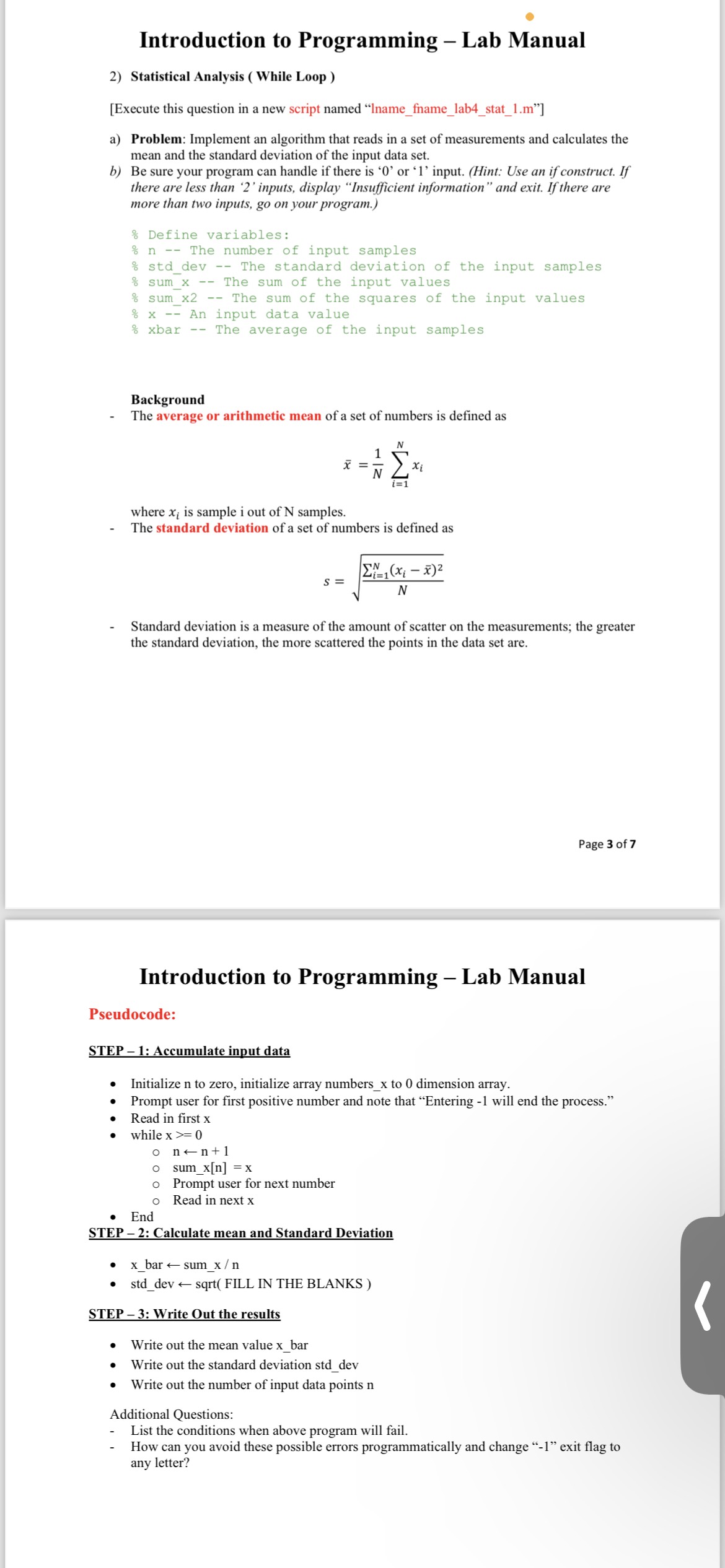  Introduction to Programming - Lab Manual Statistical Analysis ( While Loop