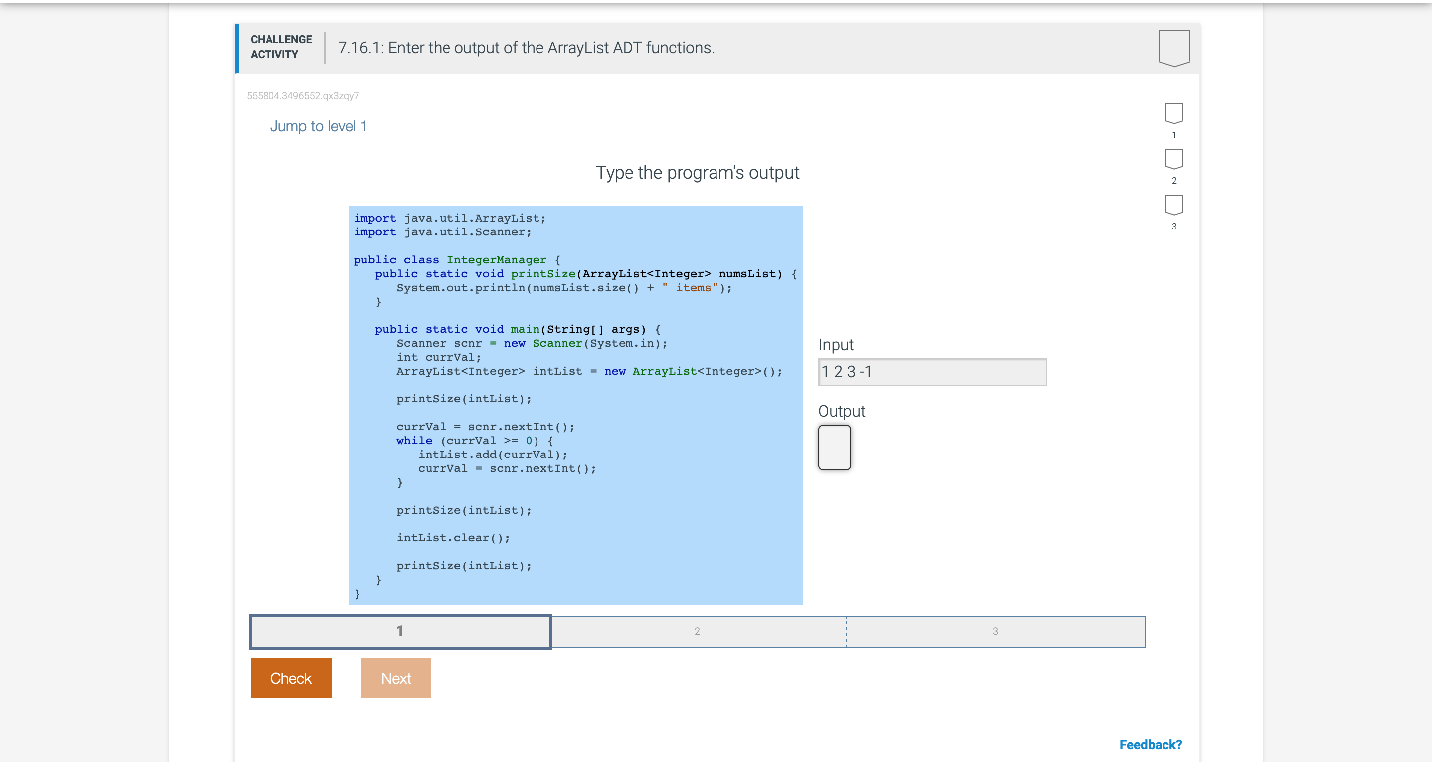  7.16.1: Enter the output of the ArrayList ADT functions. 555804.3496552.qx3zqy7 Jump