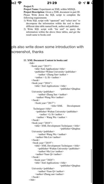  le2 21:29 Project 5: Project Name: Experiment on XML within MSSOL