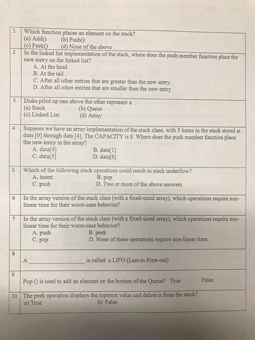  1 Which function places an element on the stack? (a) AddO