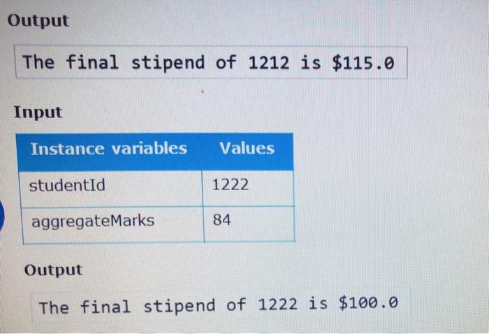 aggregateMarks; double calculateTotalStipend; private static int bonusStipend1 = 10; private static int