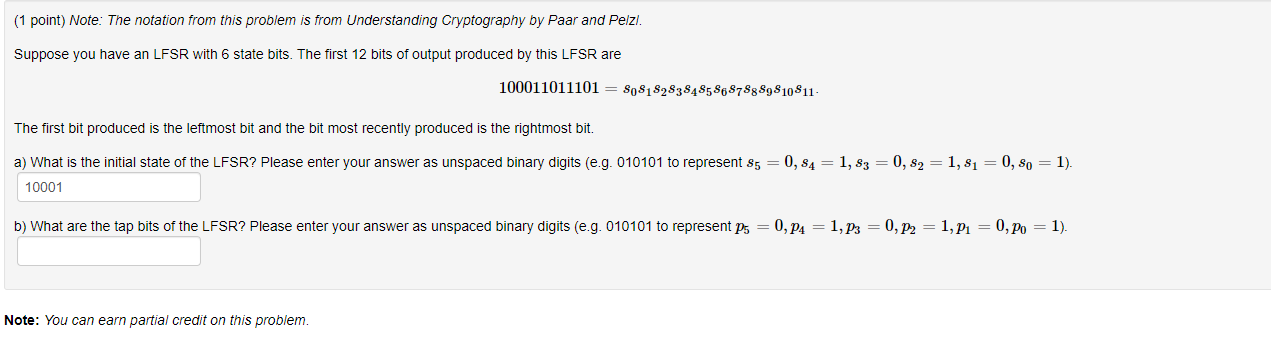(1 point) Note: The notation from this problem is from Understanding Cryptography