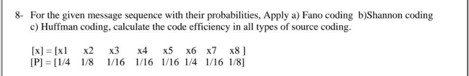  8- For the given message sequence with their probabilities, Apply a)
