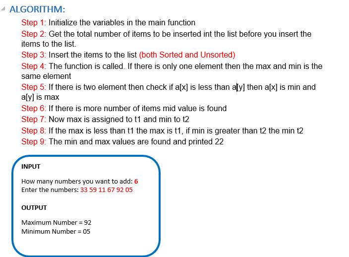 using java should make two method max and min - ALGORITHM: Step