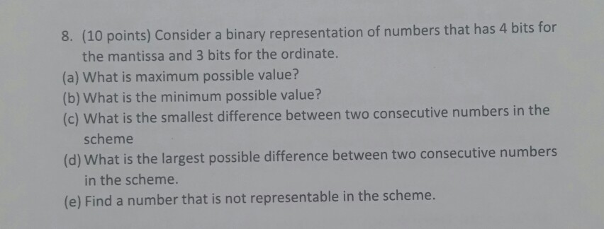  Consider a binary representation of numbers that has 4 bits for