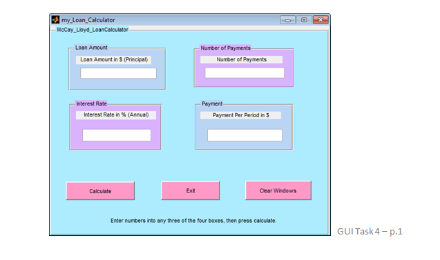 the Loan GUI that takes three user inputs from editable text boxes,