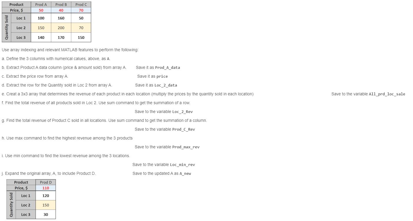  Use array indexing and relevant MATLAB features to perform the following: