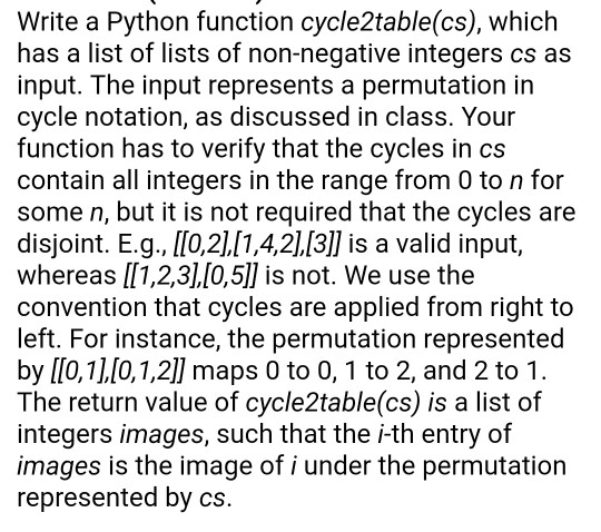  Write a Python function cycle2table(cs), whiclh has a list of lists