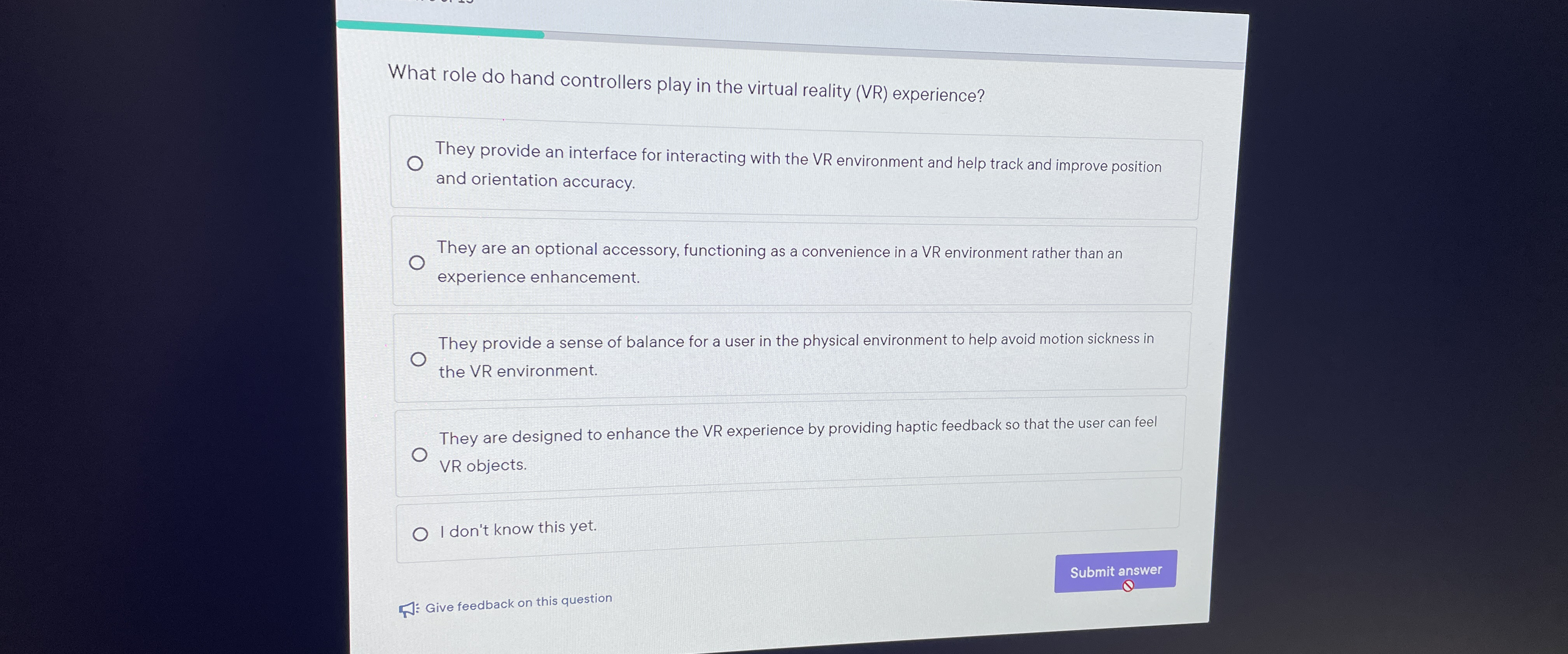  What role do hand controllers play in the virtual reality (VR)