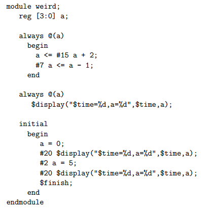 Consider the following verilog module description. {{{{{module weird; reg [3:0] a; always