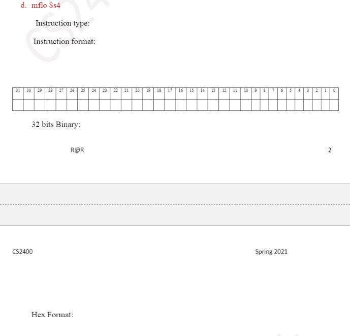 Translate the given four instructions into its 32-bit format and Hex format.