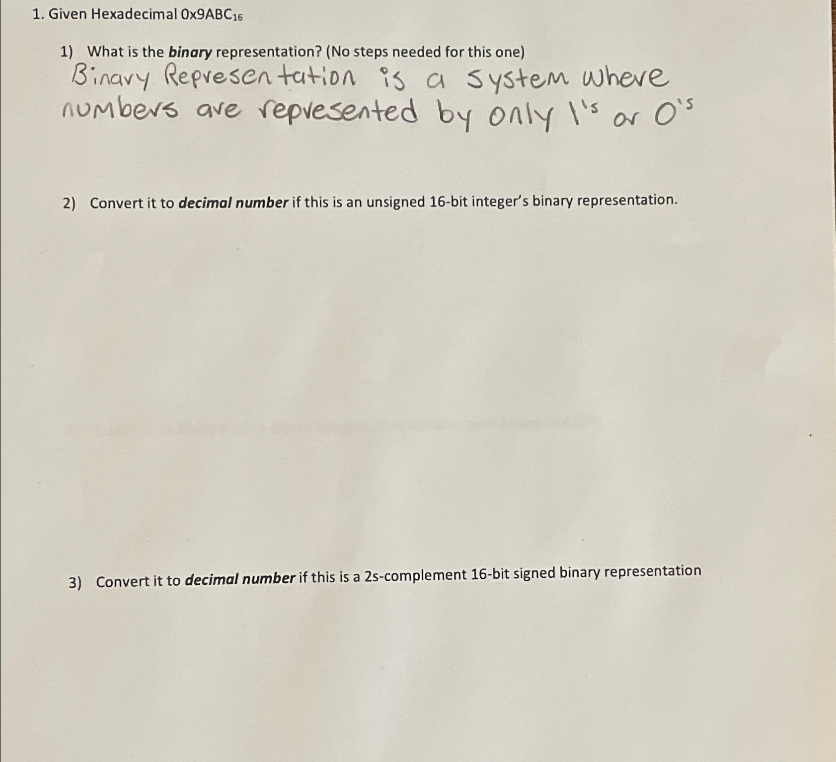 Given Hexadecimal 0\\\\times 9ABC_(16)\ What is the binary representation? (No steps