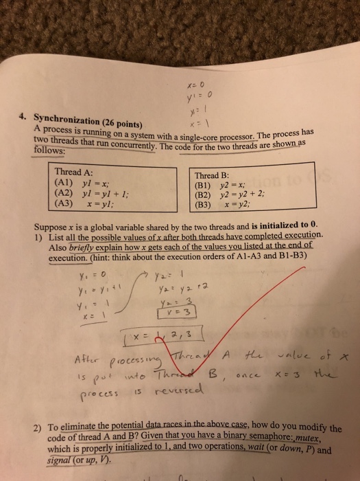  Need help with number 2! 4. Synchronization (26 points) two threads