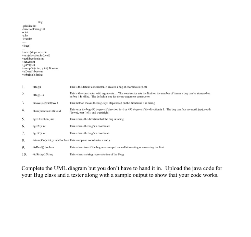 Java Bug -gridSize:int -directionFacing:int xint y int -lives int +Bug +move(steps int):voicd