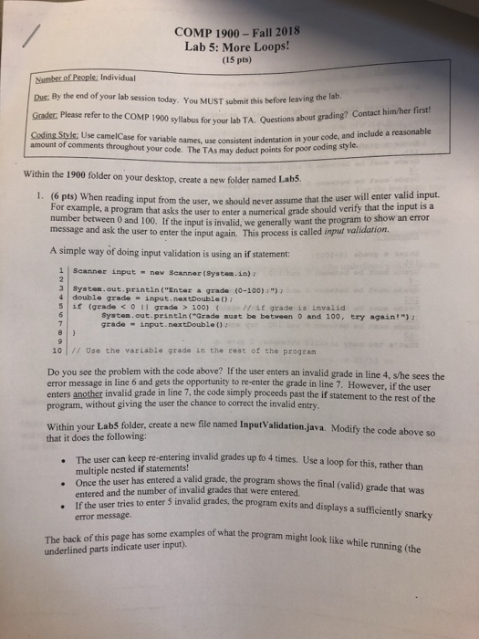  COMP 1900- Fall 2018 Lab 5: More Loops! (15 pts) Number