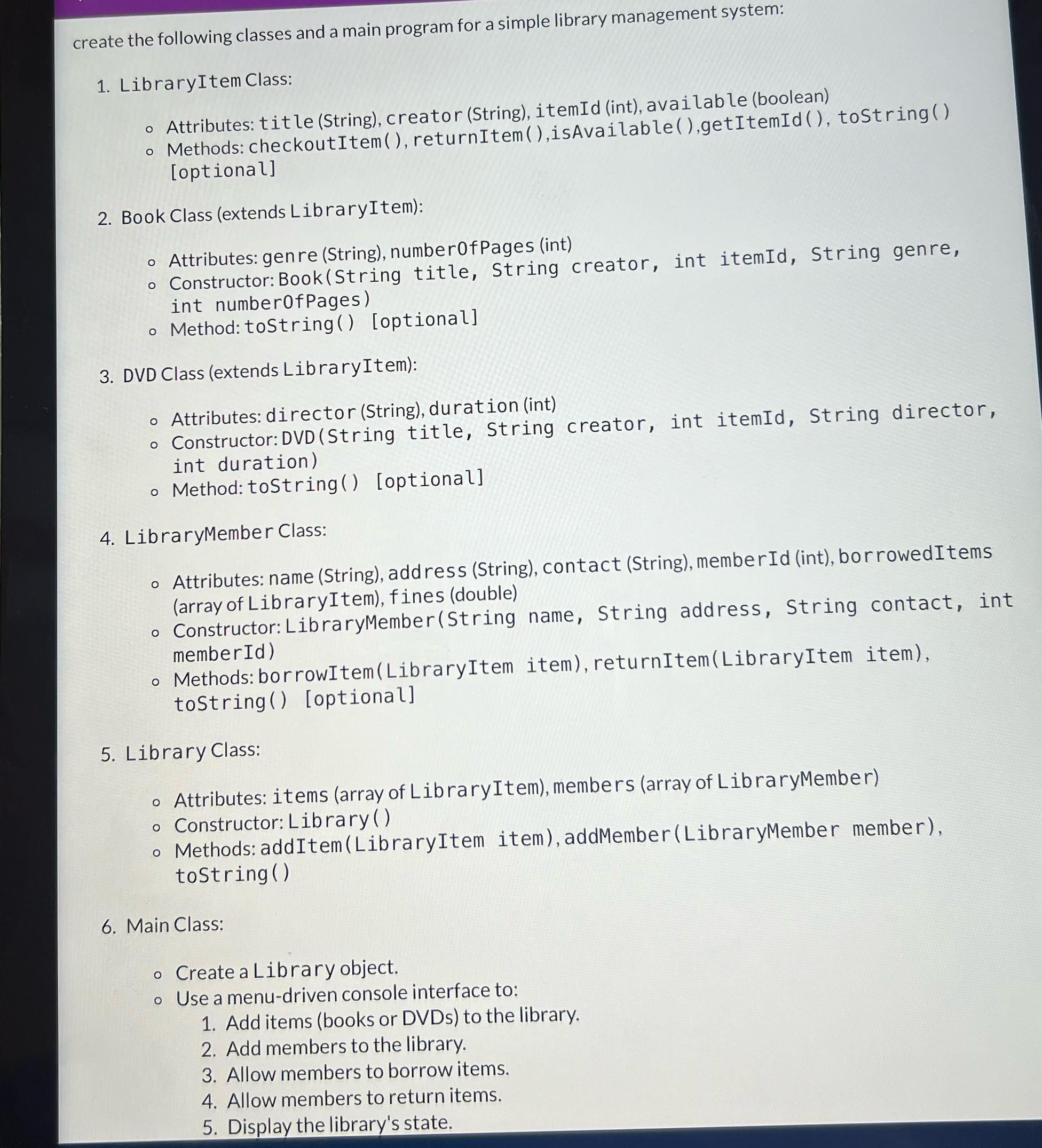  create the following classes and a main program for a simple