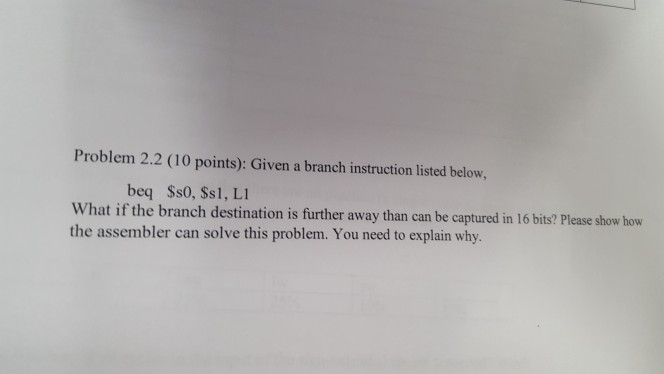  Problem 2.2 (10 points): Given a branch instruction listed below, What