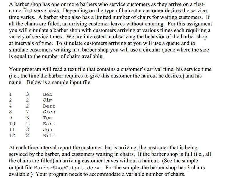 JAVA CODE REQUIRED A barber shop has one or more barbers who