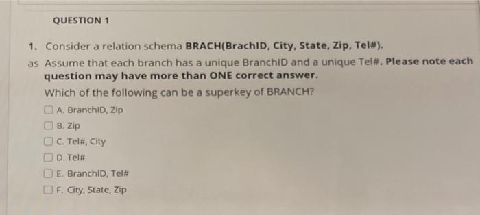  its database concepts QUESTION 1 1. Consider a relation schema BRACH(Brachid,