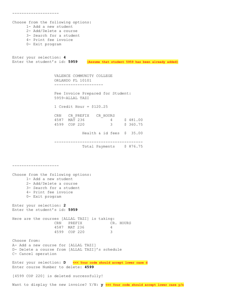 a fee invoice application for students attending Valence Community College The main