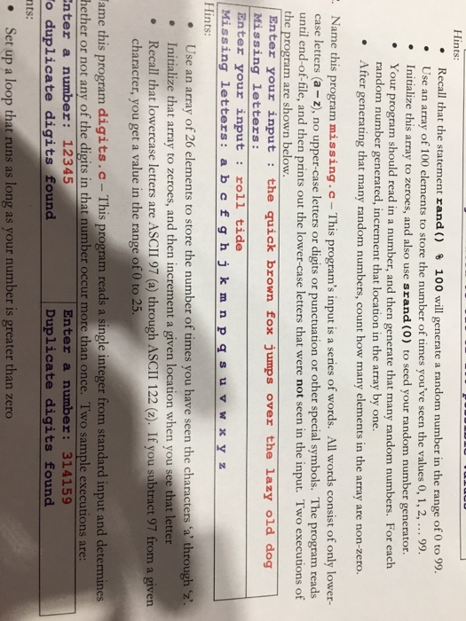  How do you code missing.c ? Int array[26] ={0} Char str[100];