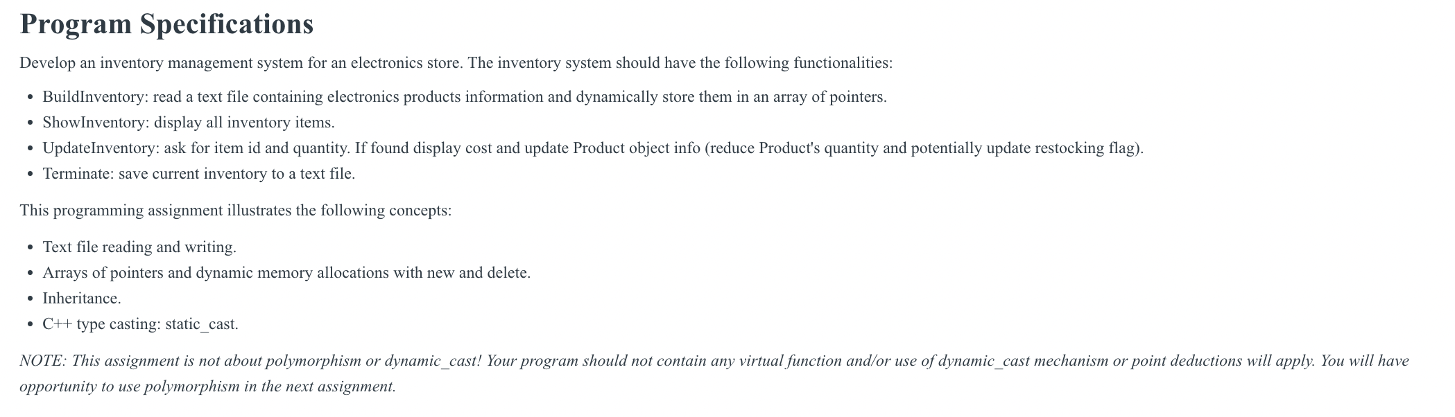 In c++ Program Specifications Develop an inventory management system for an electronics