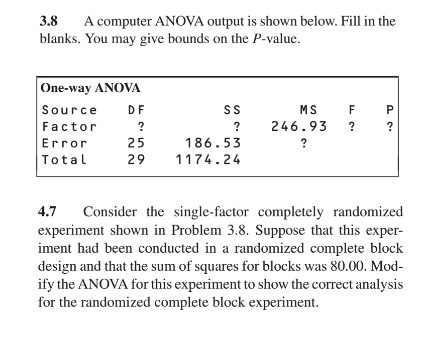 SOLVE 4.7 PLEASE! 3.8A computer ANOVA output is shown below. Fill in