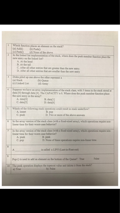 1 Which function places an element on the stack? (a) Add