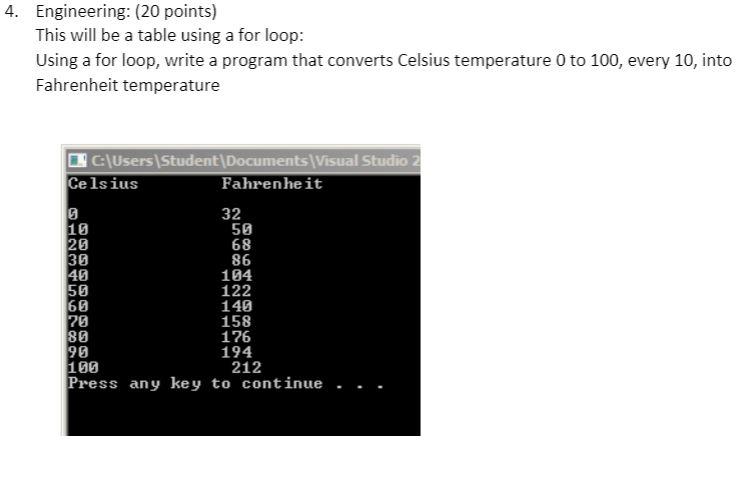 C++ Code Please 4. Engineering: (20 points) This will be a table