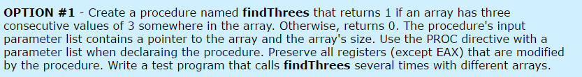  Create a procedure named findThrees that returns 1 if an array