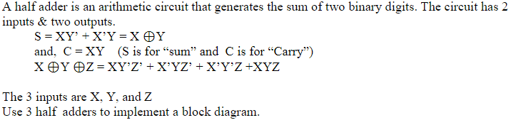  A half adder is an arithmetic circuit that generates the sum
