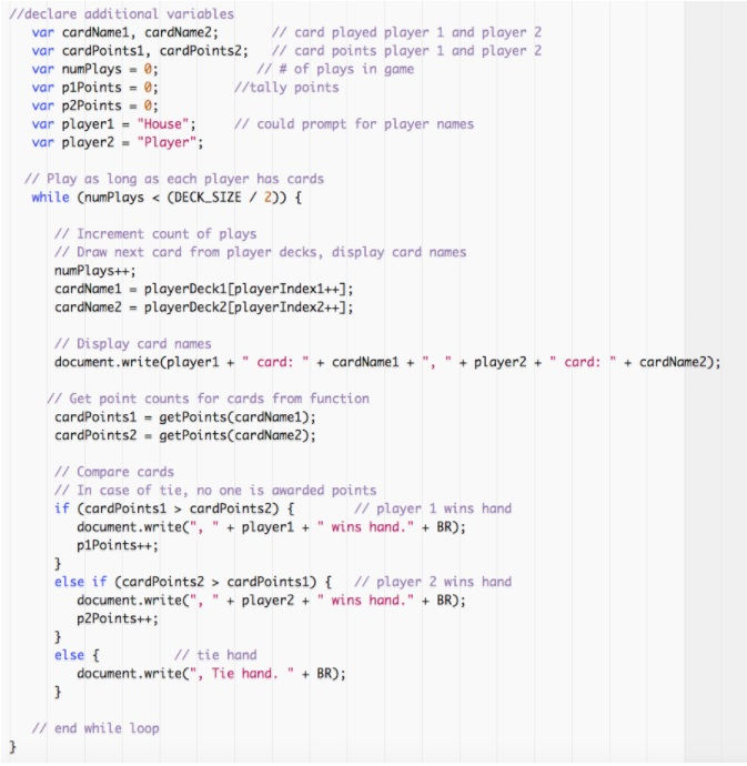 JavaScript War Card Game (High Card Wins) Purpose: A simulation of the