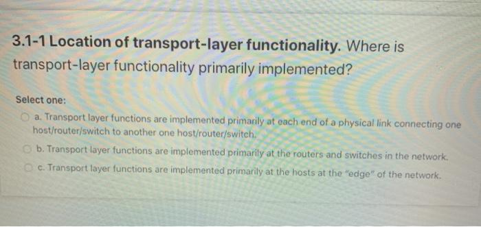  3.1-1 Location of transport-layer functionality. Where is transport-layer functionality primarily implemented?