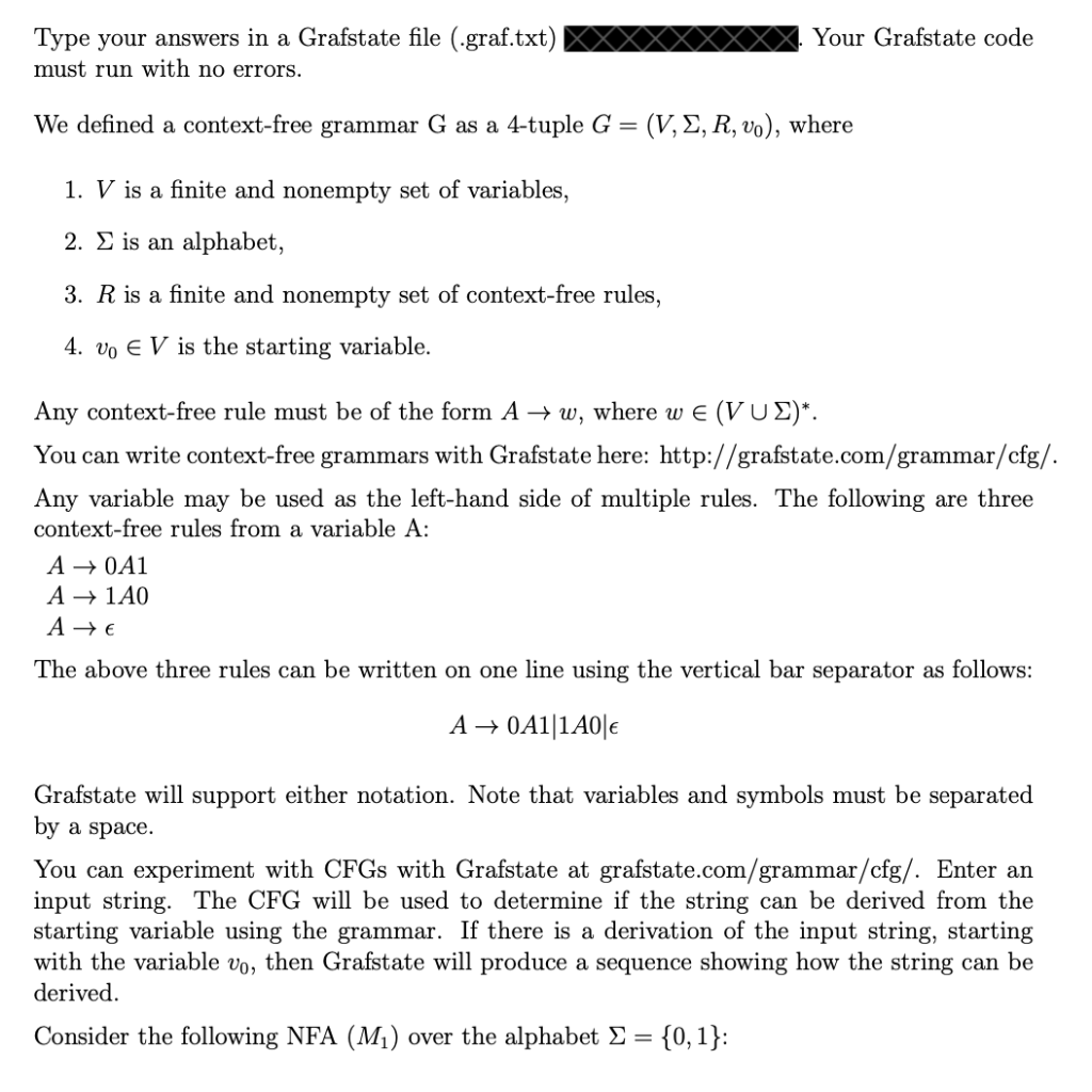 Write Grafstate code for a context-free grammar that is equivalent to N.