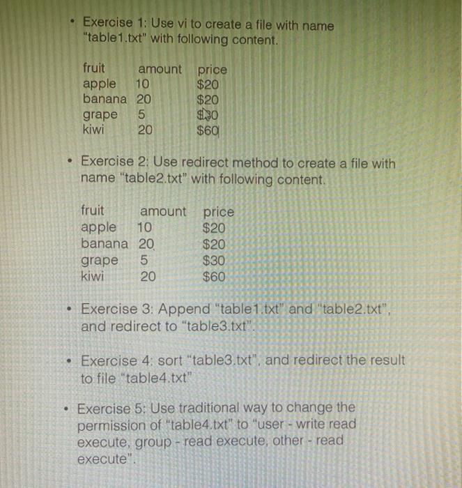  Exercise 1: Use vi to create a file with name "table1.txt"