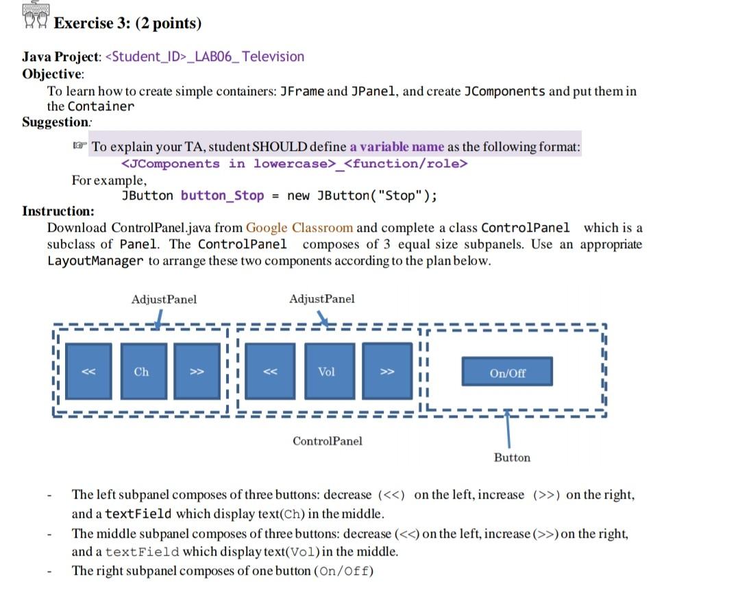 java (ControlPanel.java) Anton Exercise 3: (2 points) Java Project: _LABO6_ Television Objective:
