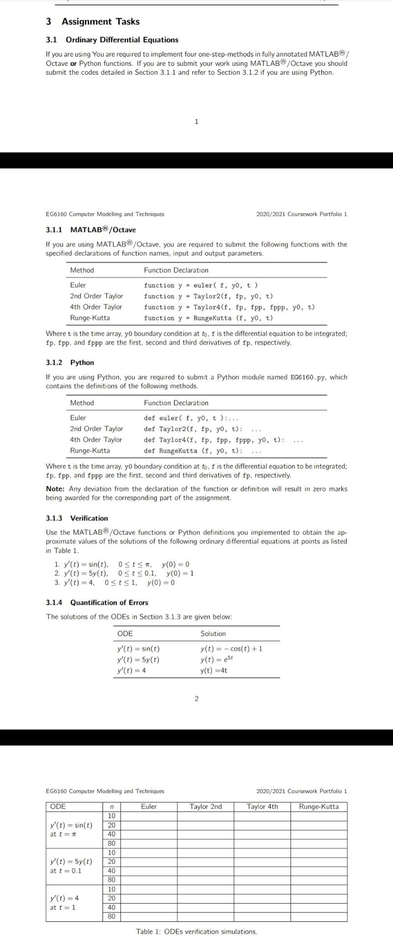  Using Matlab/python for Ordinary differential equations, Partial differential equations and hyperbolic