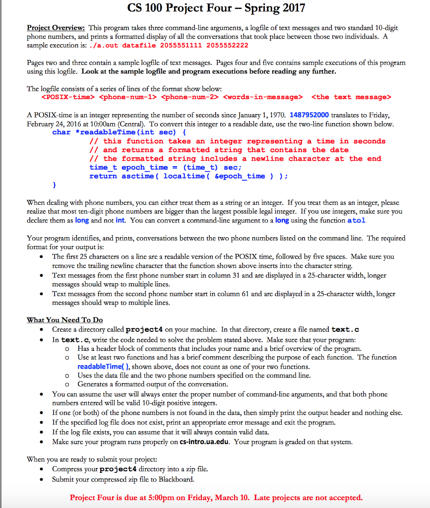  CS 100 Project Four Spring 2017 Project Overview: This program takes
