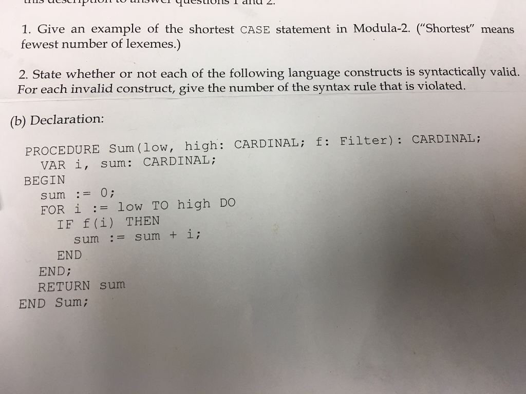Please answer questions 1 and 2 for the language construct in