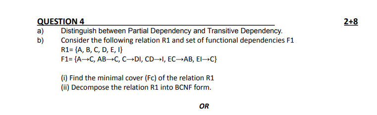 Database Management Systems 2+8 QUESTION 4 a) Distinguish between Partial Dependency