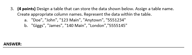  3. (4 points) Design a table that can store the data