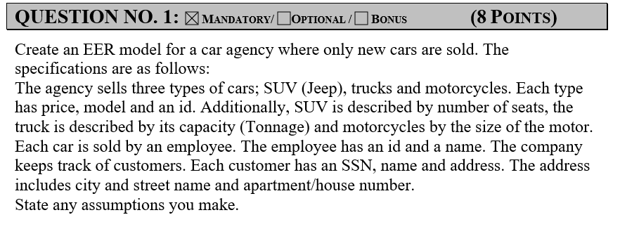 BONUS QUESTION NO. 1: MANDATORY/ OPTIONAL/ (8 POINTS) Create an EER