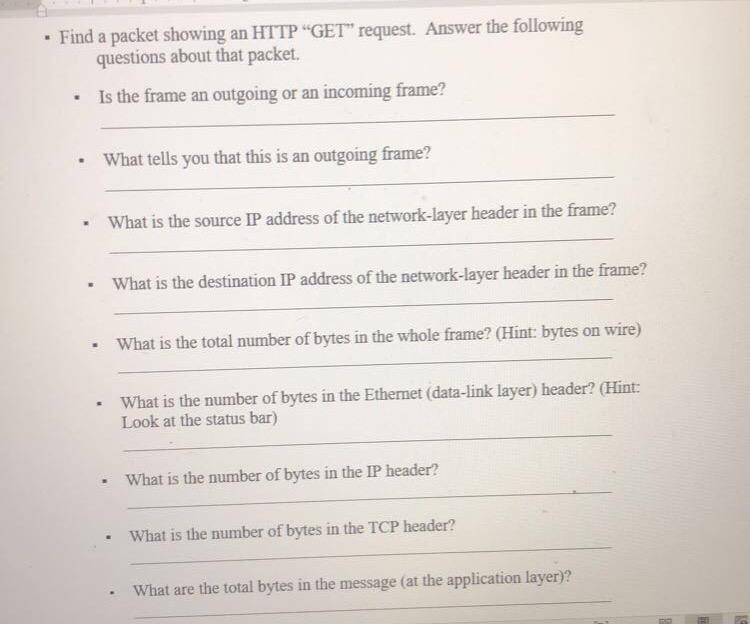  Find a packet showing an HTTP "GET" request. Answer the following