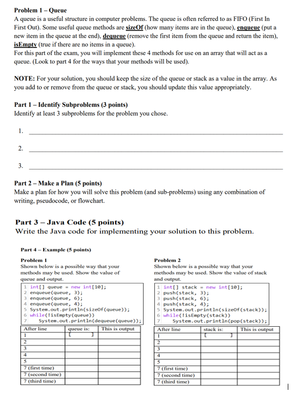 Simple Java Problem 1 - Queue A queue is a useful structure