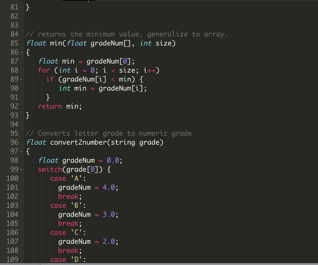 9 float convert2number(string grade); 10 // Converts letter grade to numeric grade