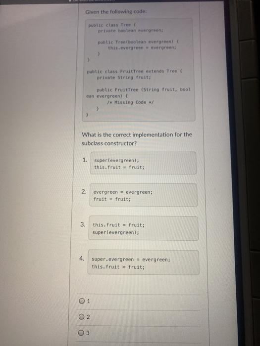 color) { super("Dog"); this.color = color: 3 III. public Dog(String type, String