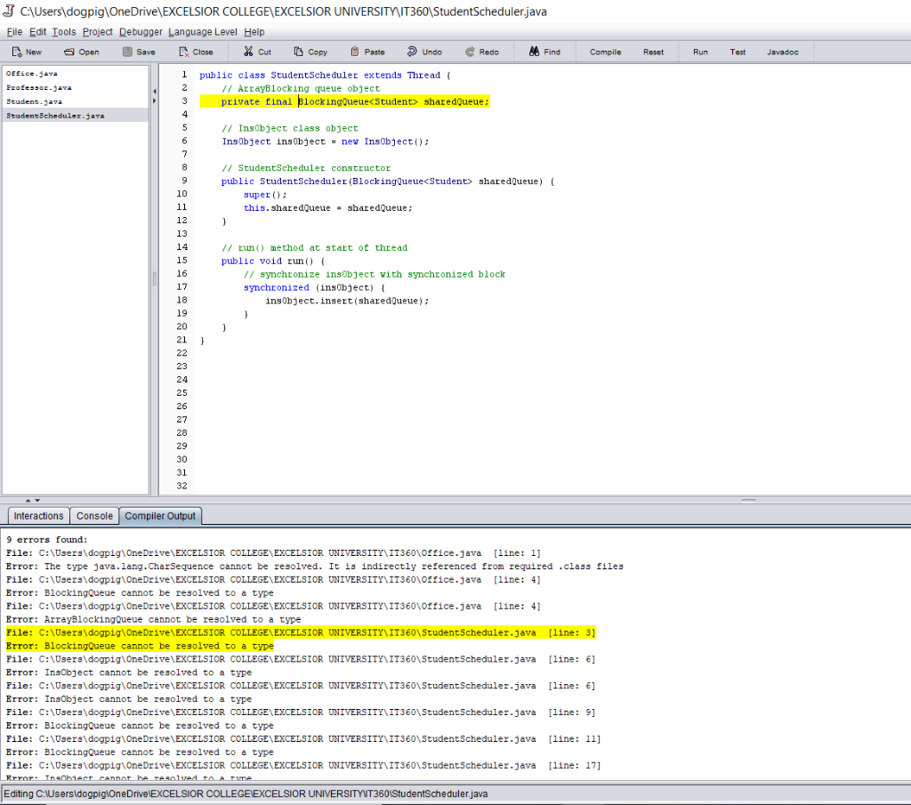(number of office chairs) BlockingQueue sharedQueue = new ArrayBlockingQueue(5); // Professor and