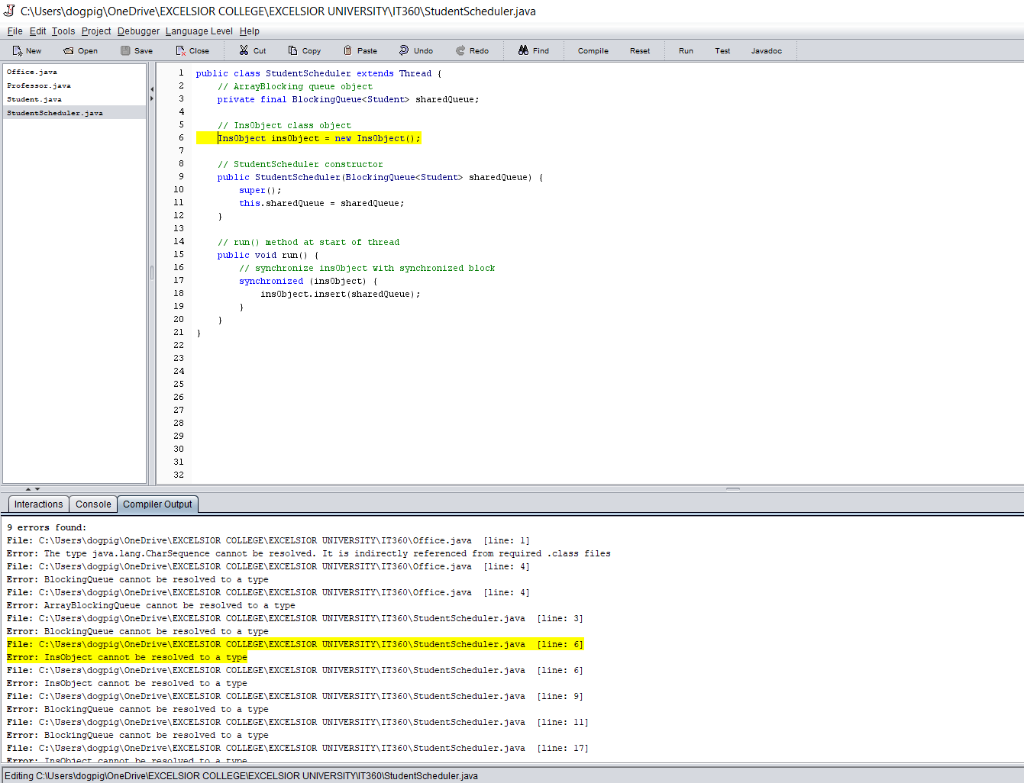 StudentScheduler instance creation StudentScheduler studentScheduler = new StudentScheduler(sharedQueue); Professor professor = new